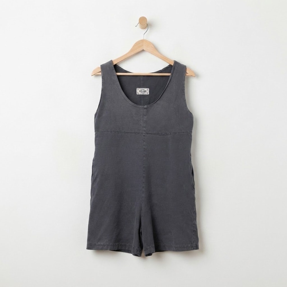 VTG 100% Cotton Grey Tank Romper Playsuit with Pockets Small USA Y2K Natural